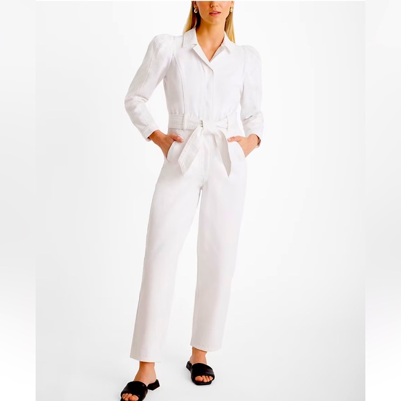 NWT Express Puff Sleeve Tie Waist White Denim Jumpsuit - Picture 1 of 9